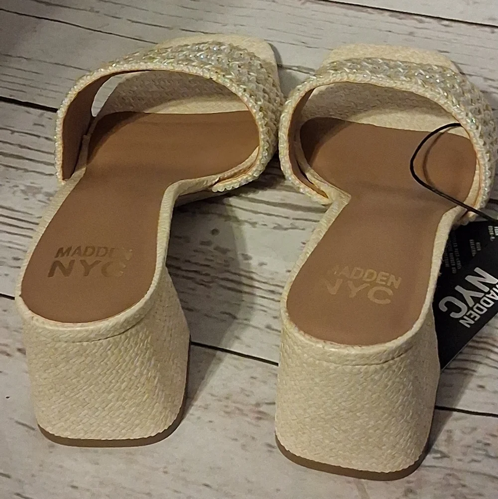 Madden NYC Heeled Slide Raffia With Faux Pearls And Rhinestones Size 11